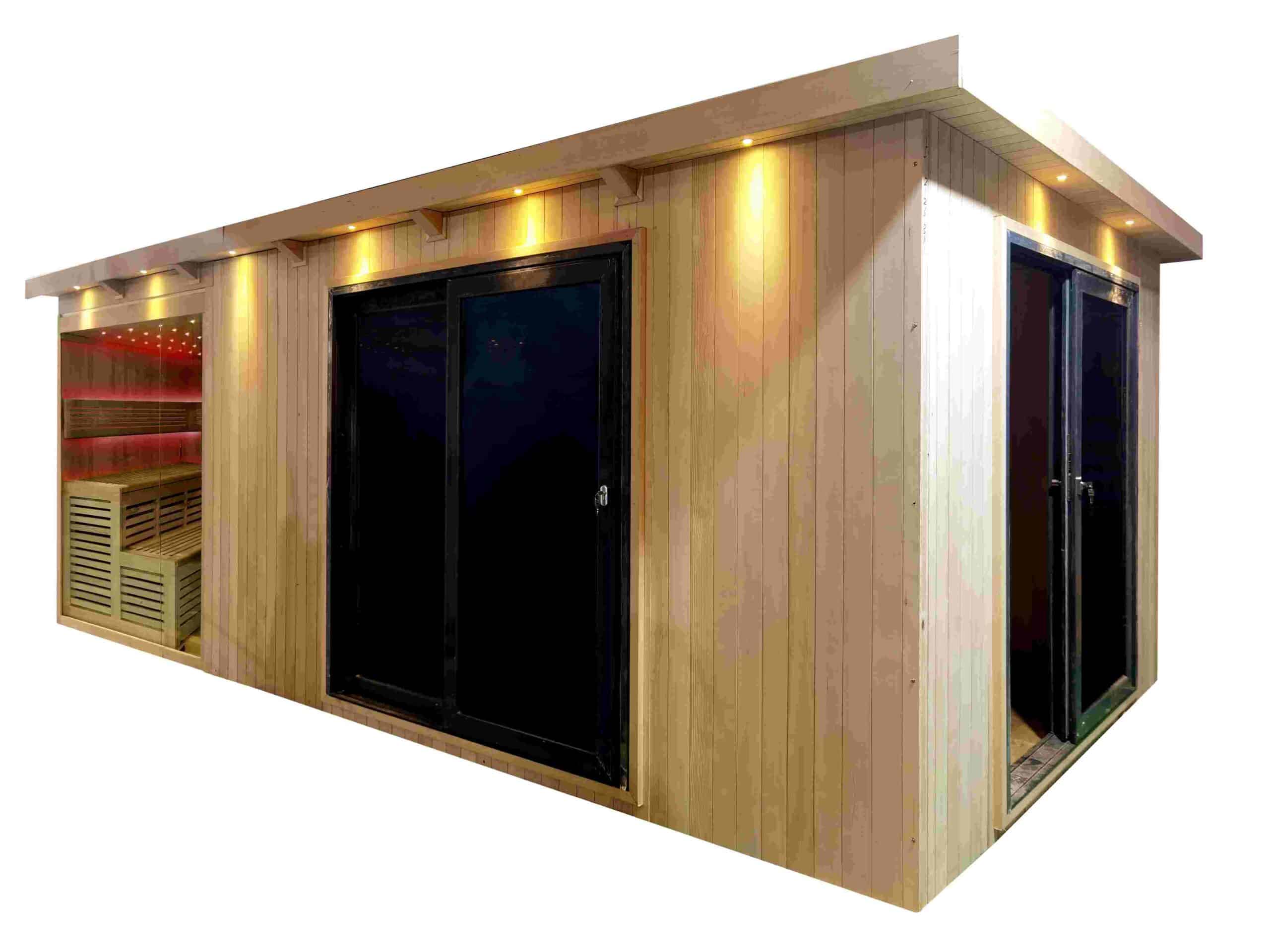 Gartensauna mit Bio-Kaminofen im Top-Design 6300mm x 3300mm