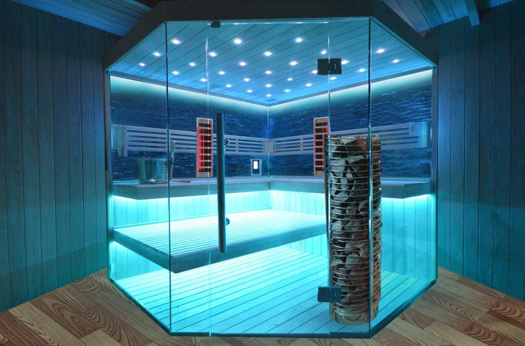 Infrarot Gartensauna mit Steintowerofen im Top-Design 3300mm x 3300mm – Bild 5